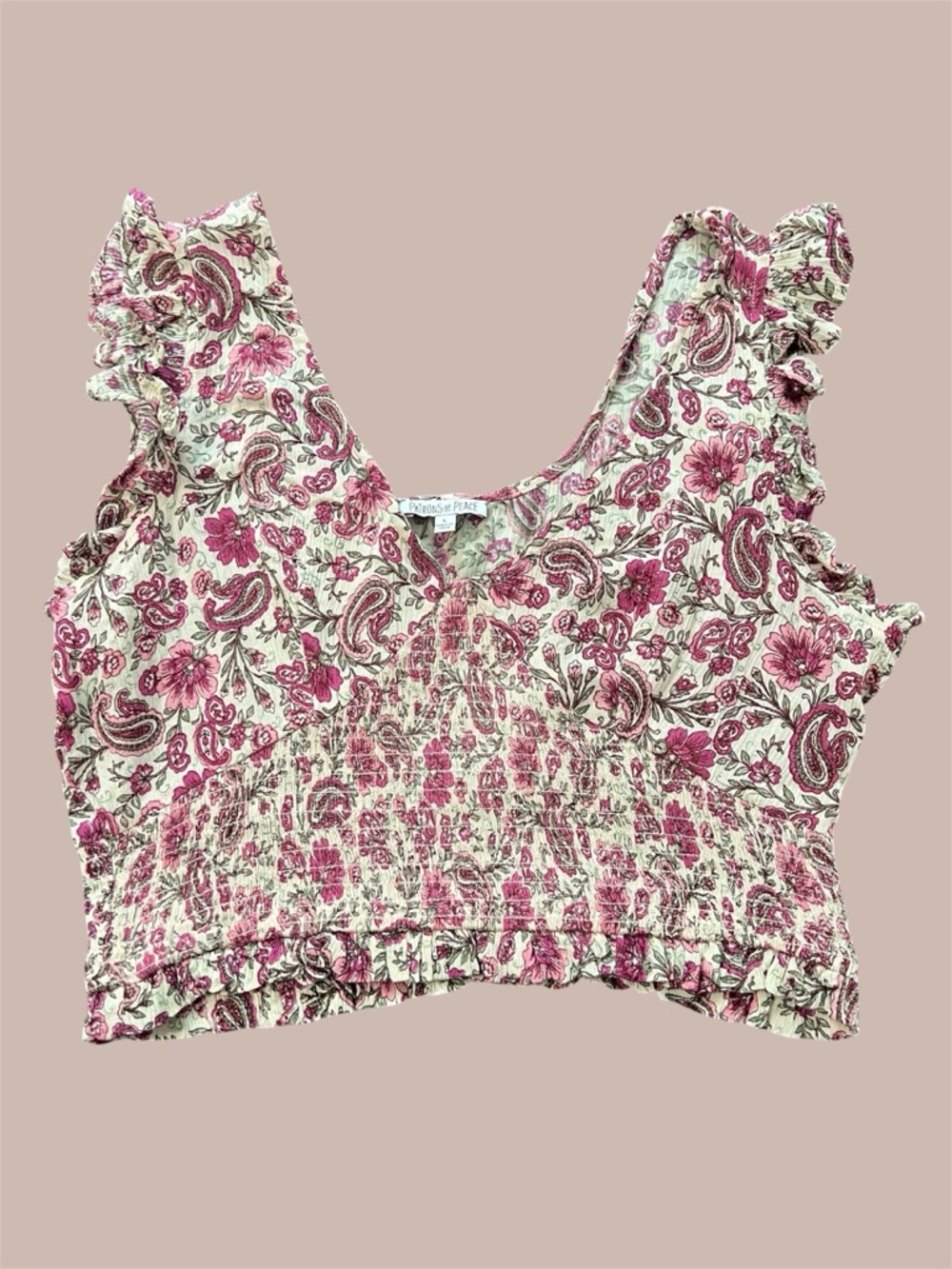 Patrons of Peace Women Crop Top Large L Floral Smocked Waist Ruffle Summer